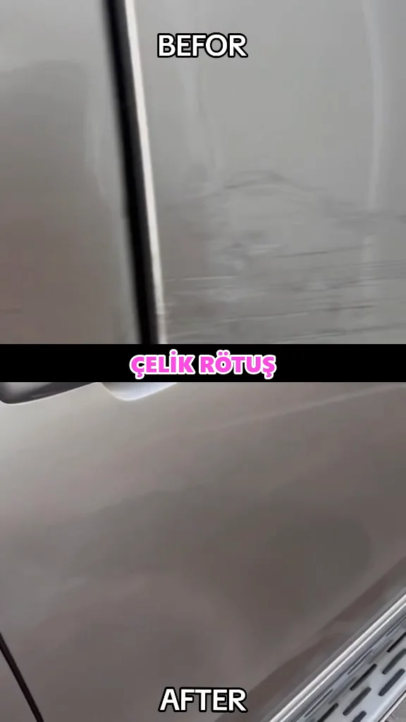 Çelik rötuş videosu: üstte kapı kenarındaki çizikler, altta rötuştan sonra temiz yüzey